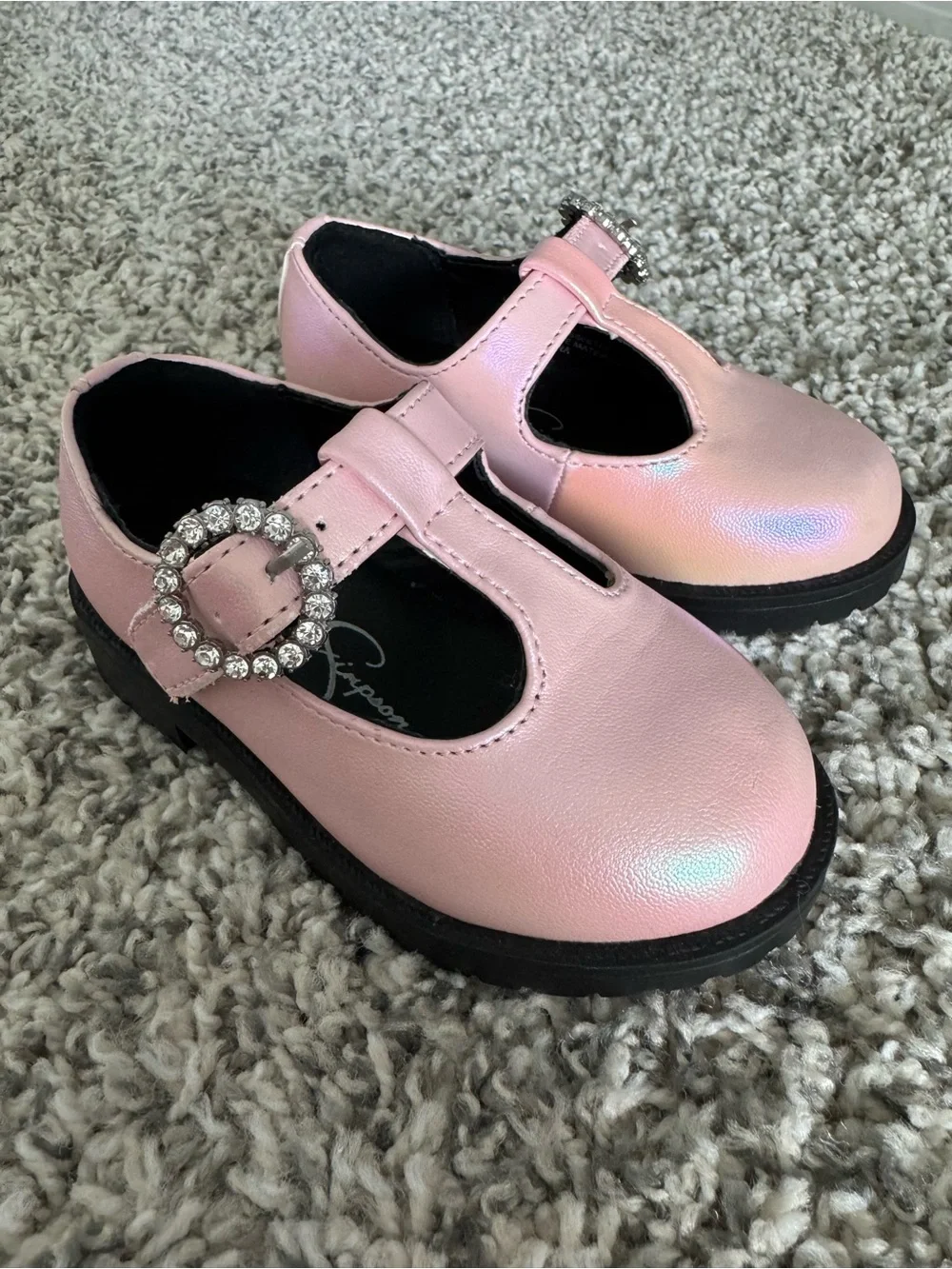 Girls Pink T-Strap Mary Jane Shoes with Rhinestone Buckle